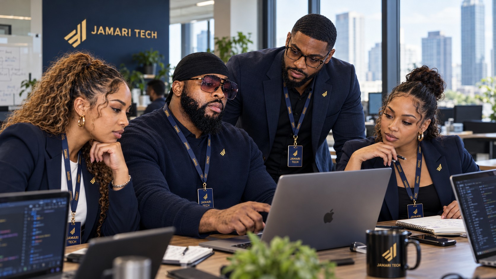 AI-generated conceptual image featuring Sammy and Black technology professionals wearing Jamari Tech badges and pins, collaborating on coding and machine learning