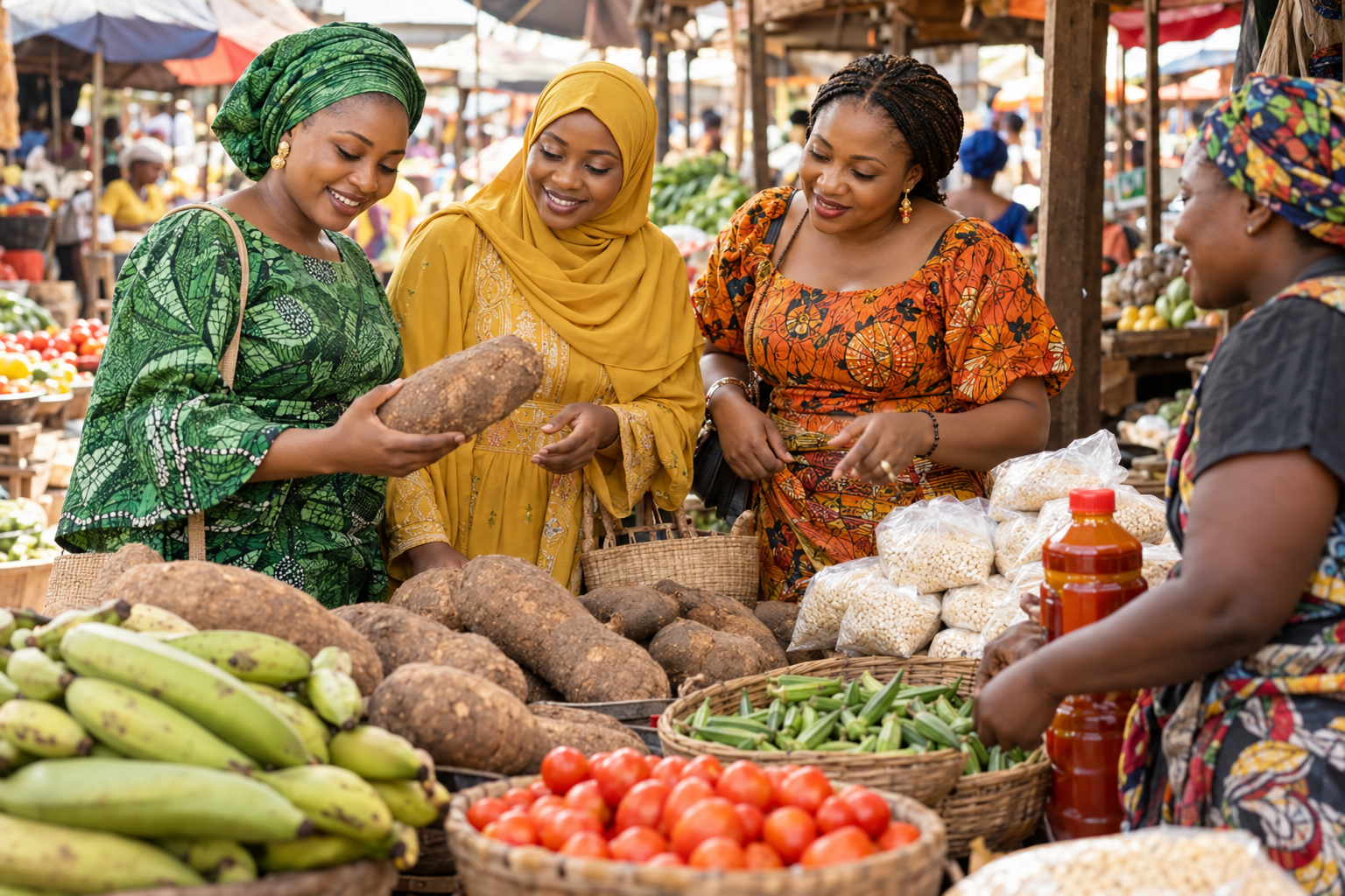 Three women shopping for Nigerian foods at a market